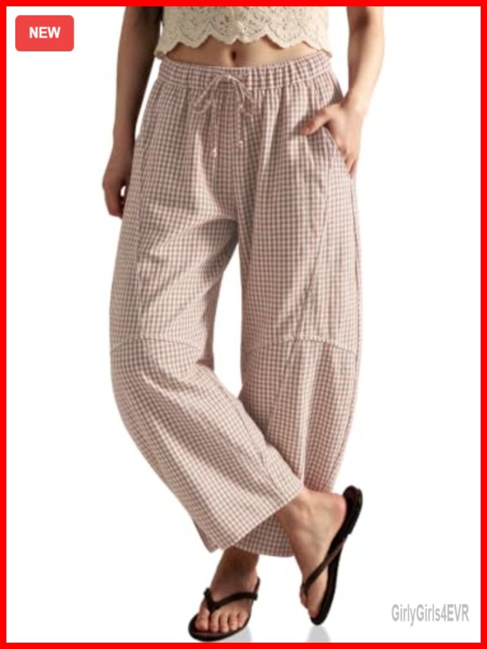 Womens Linen Gingham Barrel Pants Drawstring High Rise Trousers